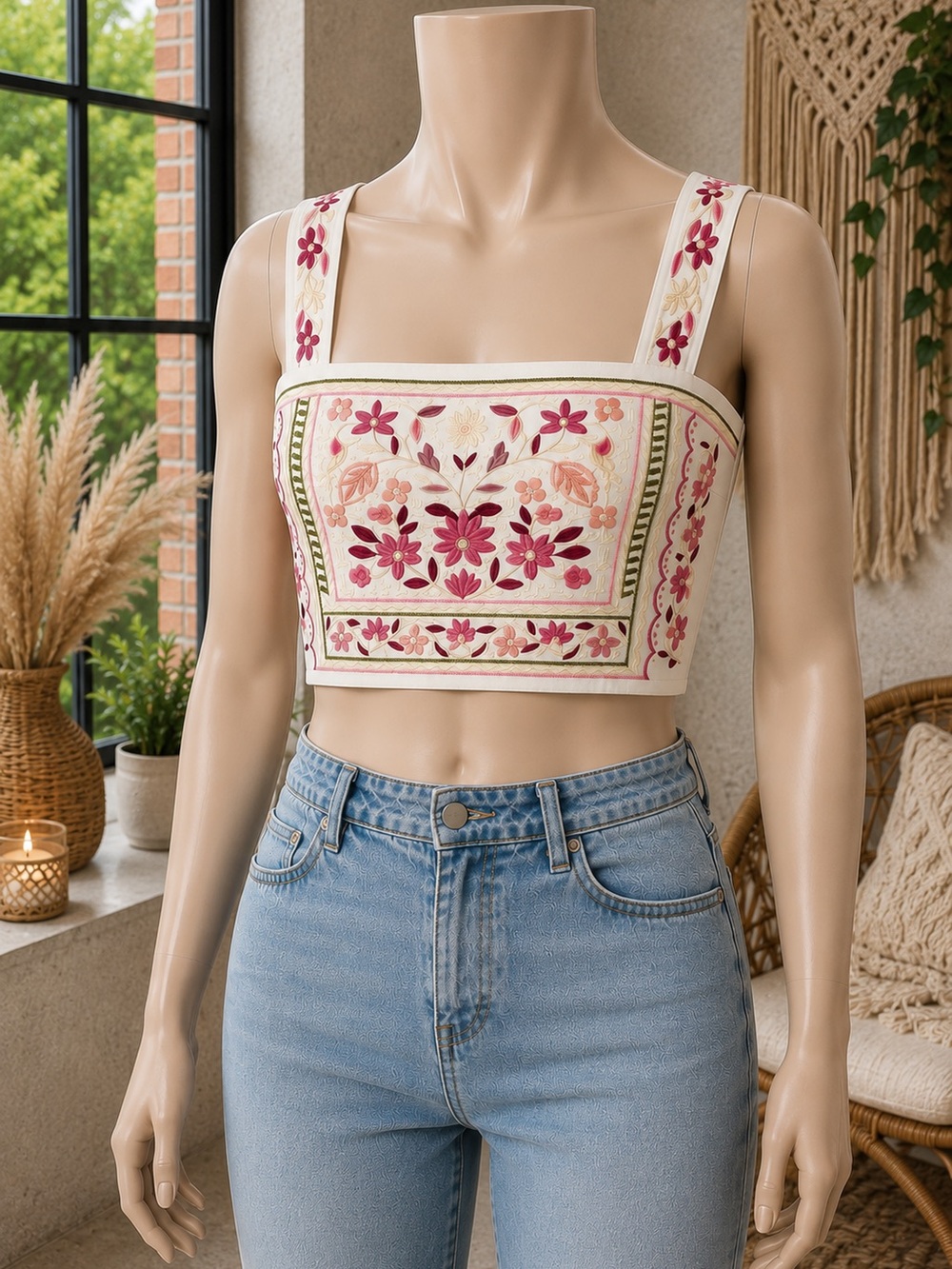Jacquie the Label Embroidered Floral Crop Tank Top Boho Cottagecore S